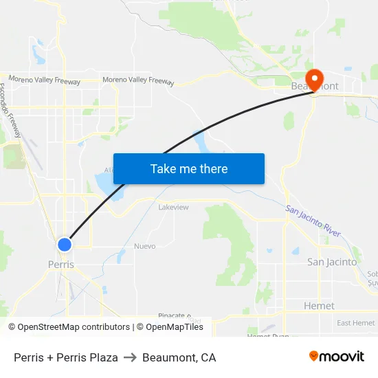 Perris + Perris Plaza to Beaumont, CA map