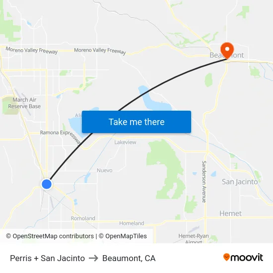 Perris + San Jacinto to Beaumont, CA map