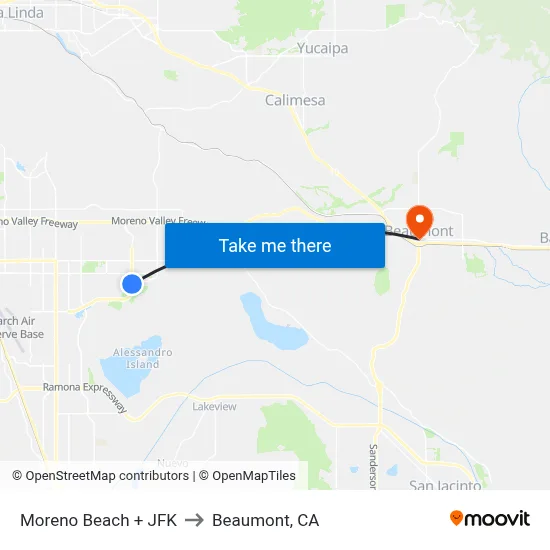 Moreno Beach + JFK to Beaumont, CA map