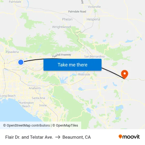 Flair Dr. and Telstar Ave. to Beaumont, CA map