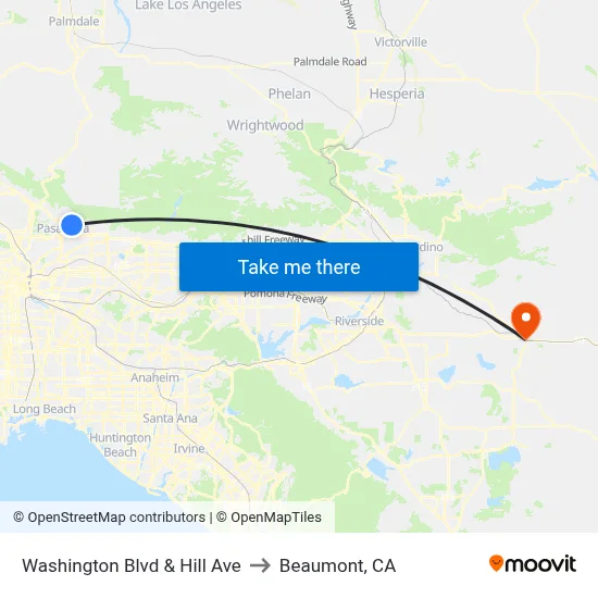 Washington Blvd & Hill Ave to Beaumont, CA map