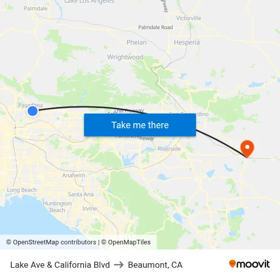 Lake Ave & California Blvd to Beaumont, CA map