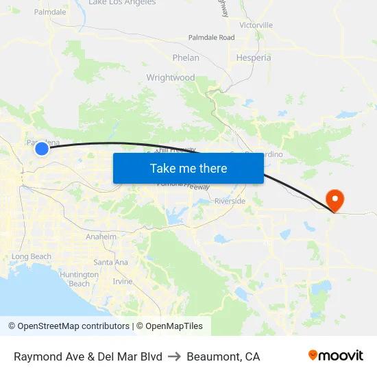 Raymond Ave & Del Mar Blvd to Beaumont, CA map