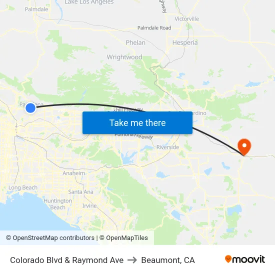 Colorado Blvd &  Raymond Ave to Beaumont, CA map
