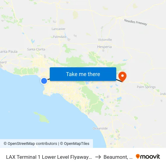 LAX Terminal 1 Lower Level Flyaway Stop to Beaumont, CA map