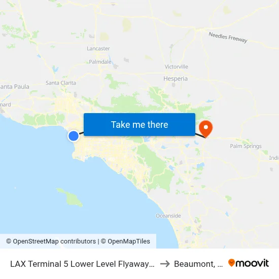 LAX Terminal 5 Lower Level Flyaway Stop to Beaumont, CA map