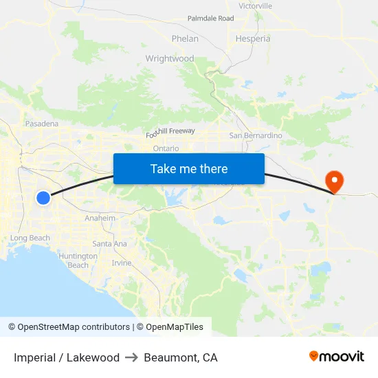 Imperial / Lakewood to Beaumont, CA map
