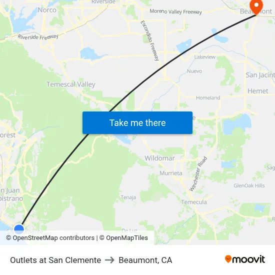Outlets at San Clemente to Beaumont, CA map
