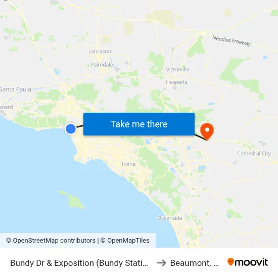 Bundy Dr & Exposition (Bundy Station) to Beaumont, CA map