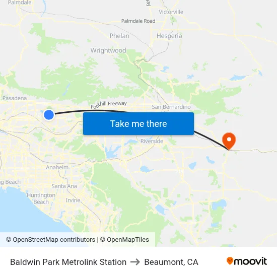 Baldwin Park Metrolink Station to Beaumont, CA map
