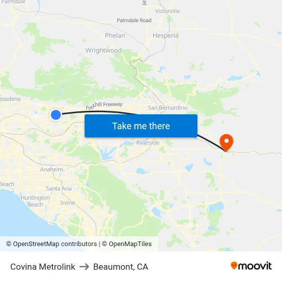 Covina Metrolink to Beaumont, CA map