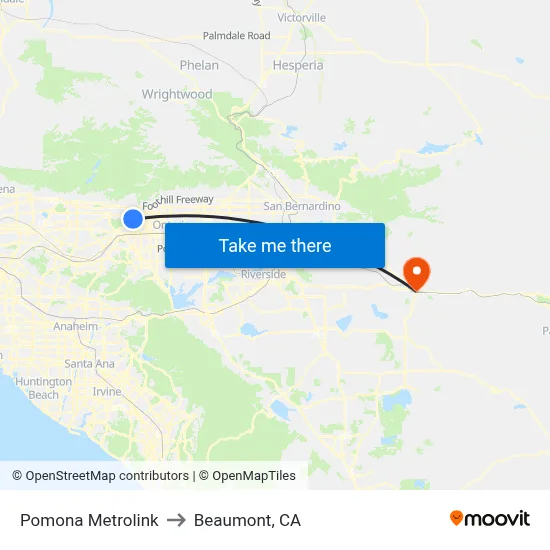 Pomona Metrolink to Beaumont, CA map