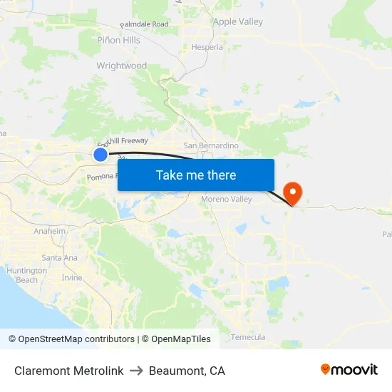 Claremont Metrolink to Beaumont, CA map