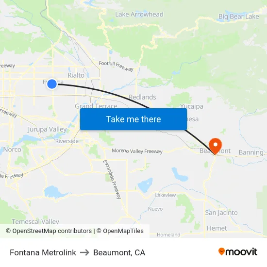 Fontana Metrolink to Beaumont, CA map