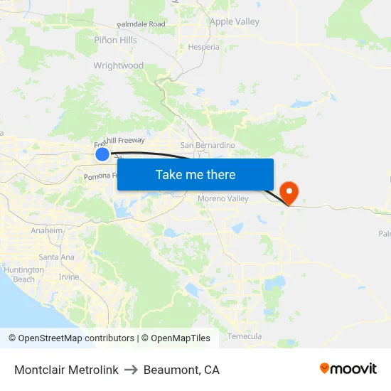 Montclair Metrolink to Beaumont, CA map