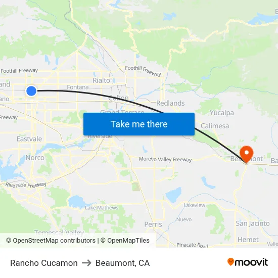 Rancho Cucamon to Beaumont, CA map