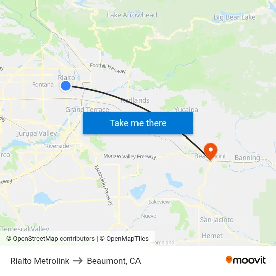 Rialto Metrolink to Beaumont, CA map