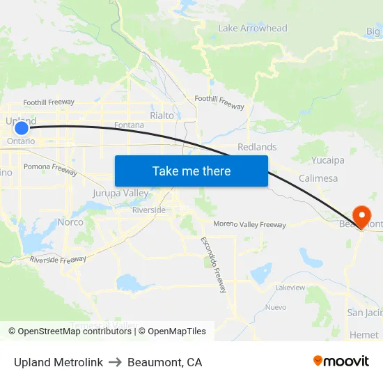 Upland Metrolink to Beaumont, CA map