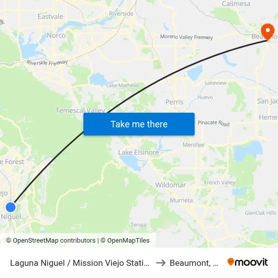 Laguna Niguel / Mission Viejo Station to Beaumont, CA map