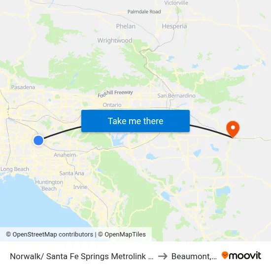 Norwalk/ Santa Fe Springs Metrolink Station to Beaumont, CA map