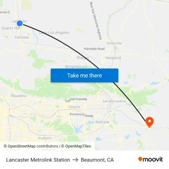 Lancaster Metrolink Station to Beaumont, CA map