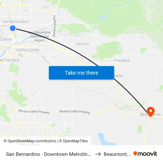 San Bernardino - Downtown Metrolink Station to Beaumont, CA map