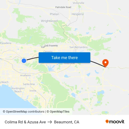 Colima Rd & Azusa Ave to Beaumont, CA map