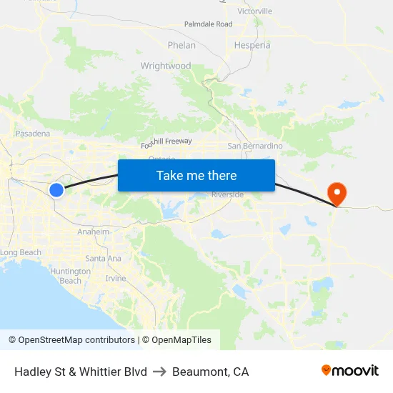 Hadley St & Whittier Blvd to Beaumont, CA map
