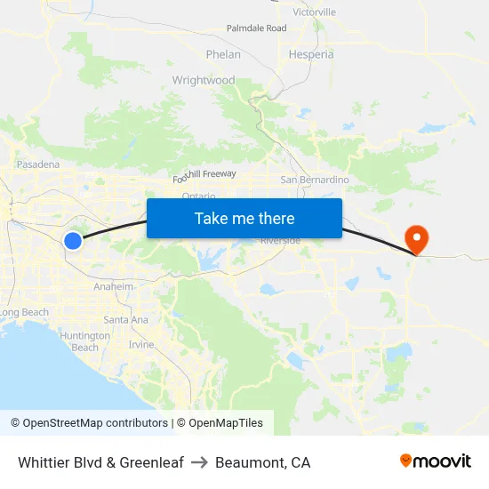 Whittier Blvd & Greenleaf to Beaumont, CA map