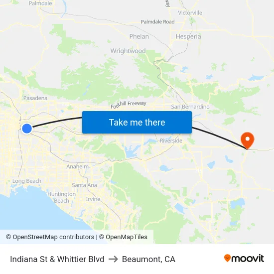 Indiana St & Whittier Blvd to Beaumont, CA map
