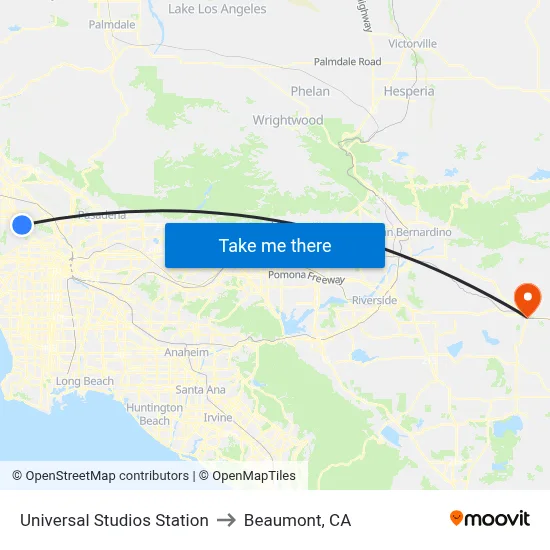 Universal Studios Station to Beaumont, CA map