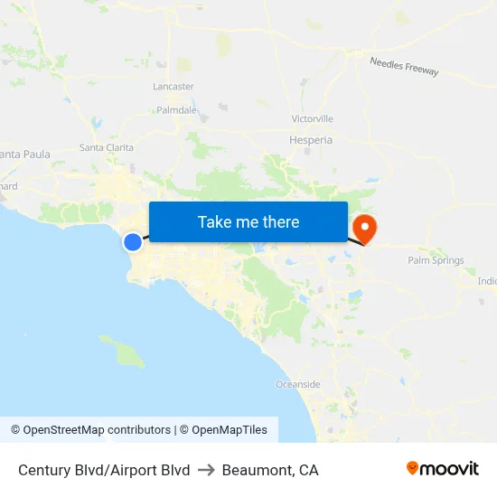 Century Blvd/Airport Blvd to Beaumont, CA map