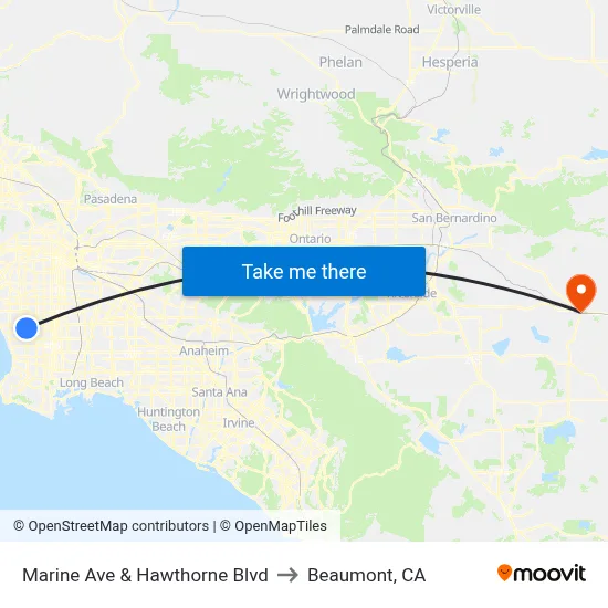 Marine Ave & Hawthorne Blvd to Beaumont, CA map