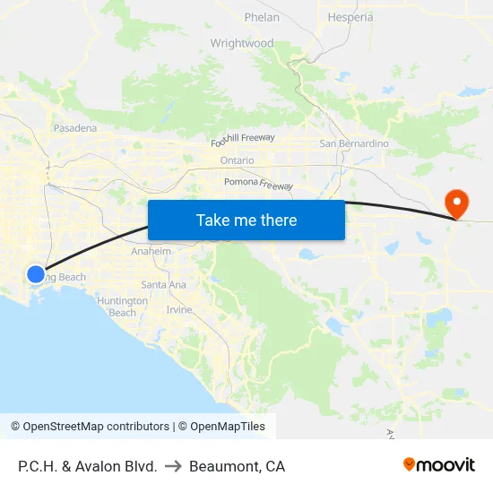 P.C.H. & Avalon Blvd. to Beaumont, CA map