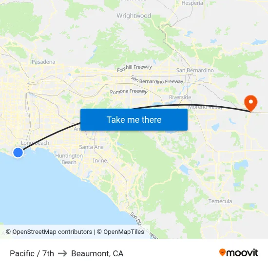 Pacific / 7th to Beaumont, CA map