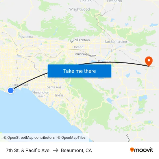 7th St. & Pacific Ave. to Beaumont, CA map