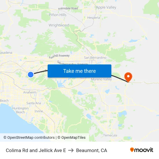 Colima Rd and Jellick Ave E to Beaumont, CA map