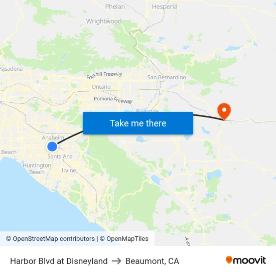 Harbor Blvd at Disneyland to Beaumont, CA map