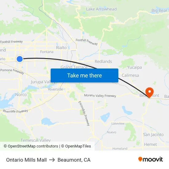 Ontario Mills Mall to Beaumont, CA map
