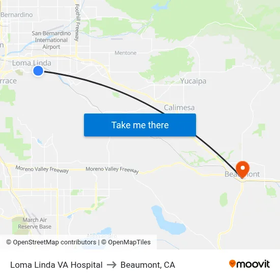 Loma Linda VA Hospital to Beaumont, CA map