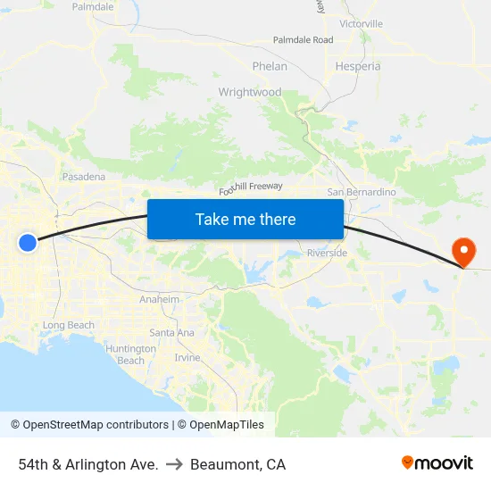 54th & Arlington Ave. to Beaumont, CA map