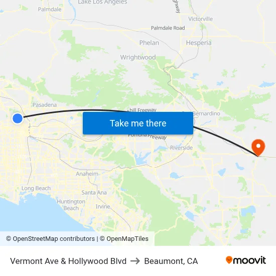 Vermont Ave & Hollywood Blvd to Beaumont, CA map