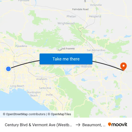 Century Blvd & Vermont Ave (Westbound) to Beaumont, CA map