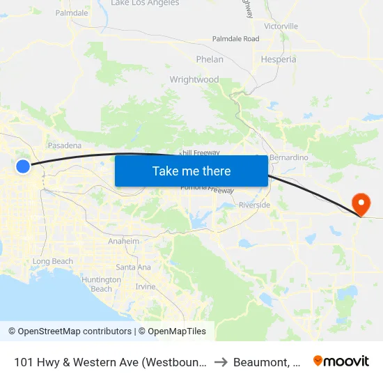 101 Hwy & Western Ave (Westbound) to Beaumont, CA map