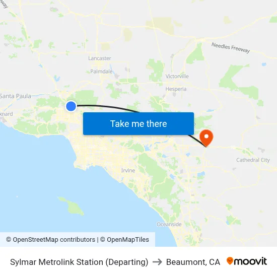 Sylmar Metrolink Station (Departing) to Beaumont, CA map
