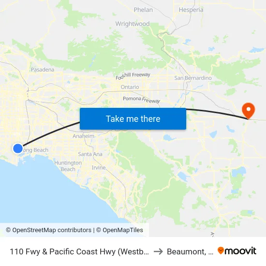 110 Fwy & Pacific Coast Hwy (Westbound) to Beaumont, CA map