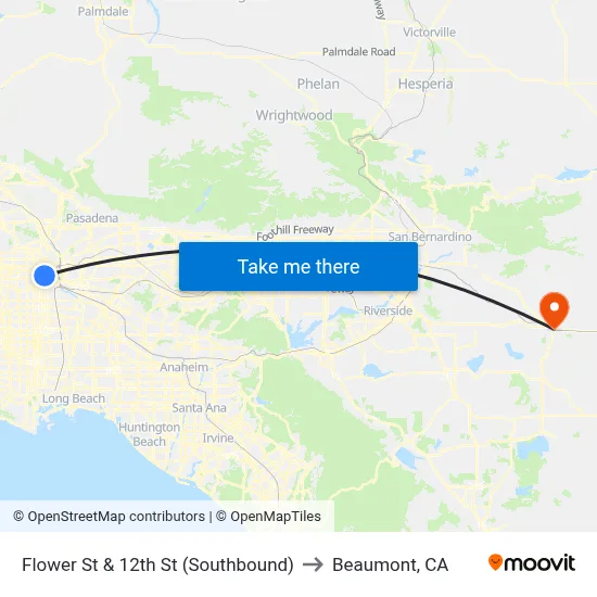 Flower St & 12th St (Southbound) to Beaumont, CA map