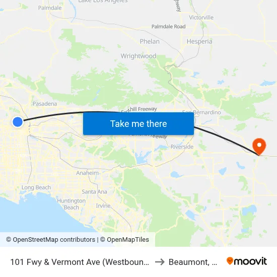 101 Fwy & Vermont Ave (Westbound) to Beaumont, CA map