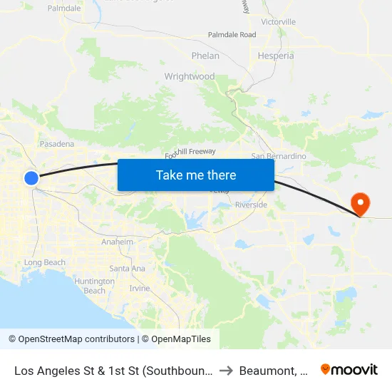Los Angeles St & 1st St (Southbound) to Beaumont, CA map