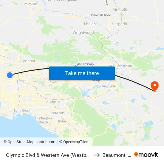Olympic Blvd & Western Ave (Westbound) to Beaumont, CA map